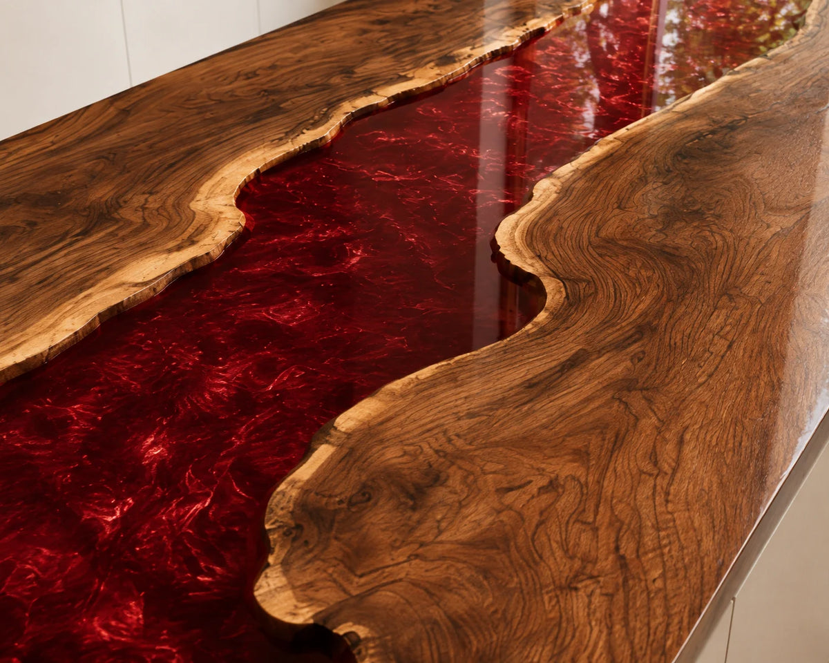 EKCC24 Crimson Channel Ruby Red Epoxy Walnut Kitchen Countertop featuring handcrafted walnut wood and ruby red resin-3