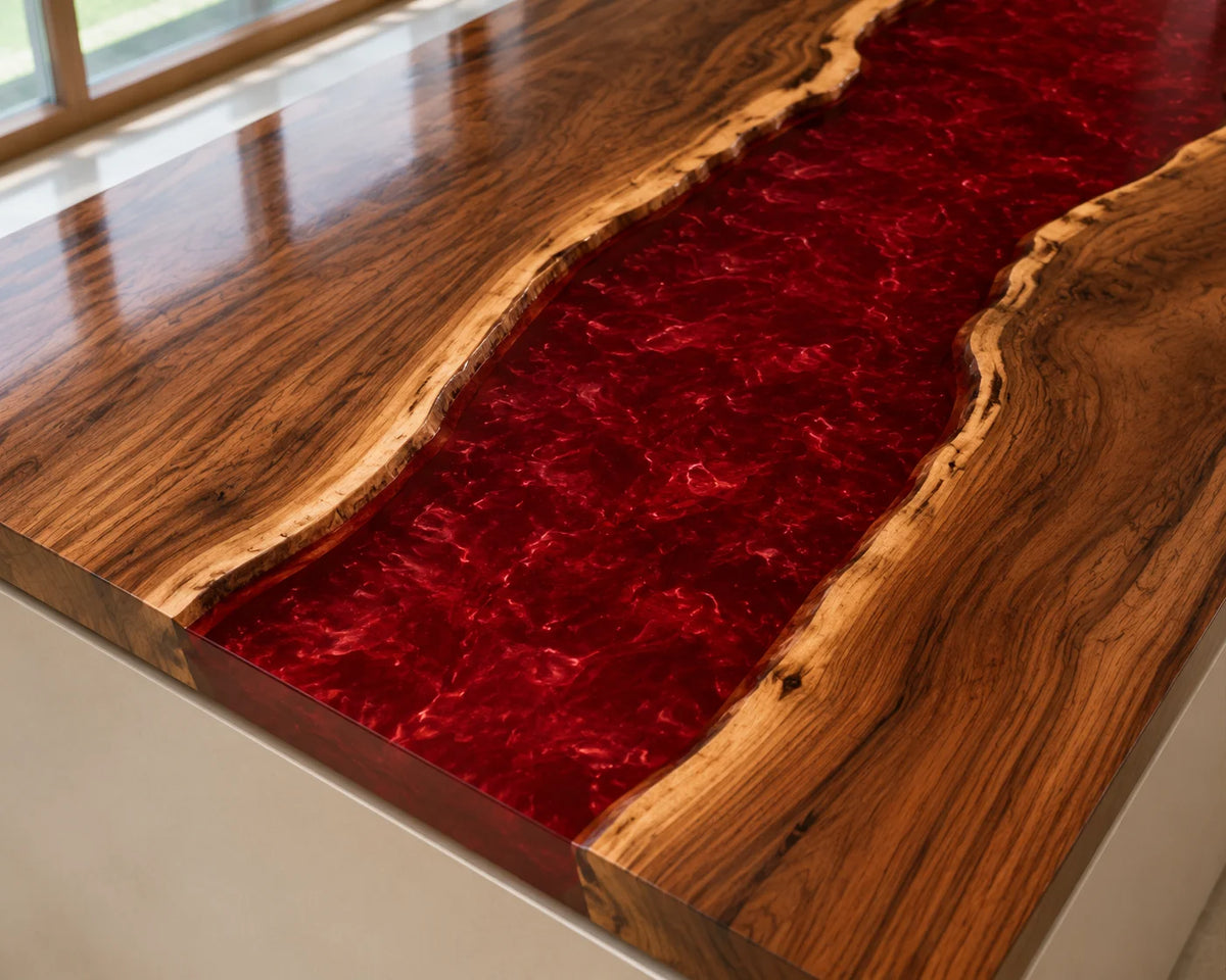 EKCC24 Crimson Channel Ruby Red Epoxy Walnut Kitchen Countertop featuring handcrafted walnut wood and ruby red resin-4
