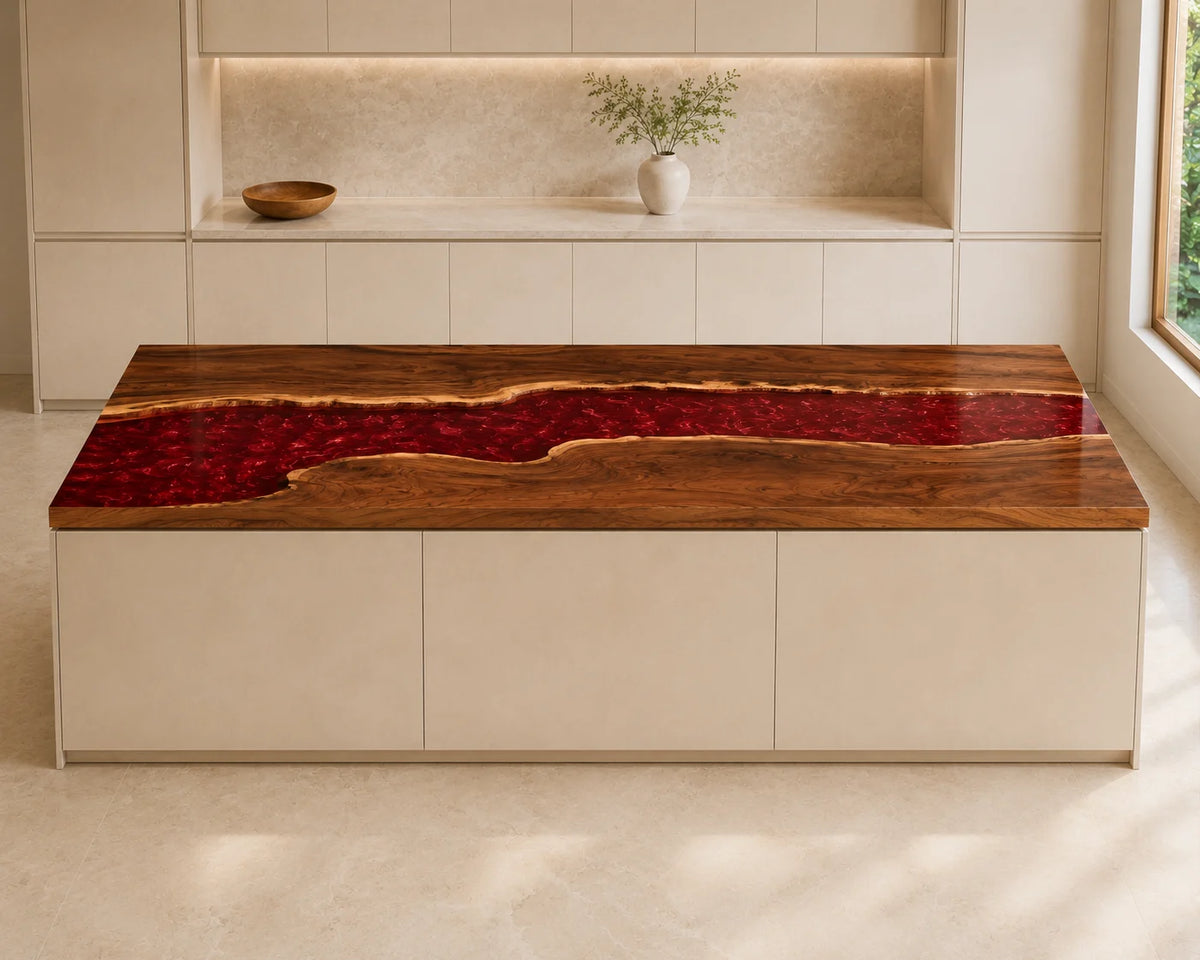 EKCC24 Crimson Channel Ruby Red Epoxy Walnut Kitchen Countertop featuring handcrafted walnut wood and ruby red resin-5