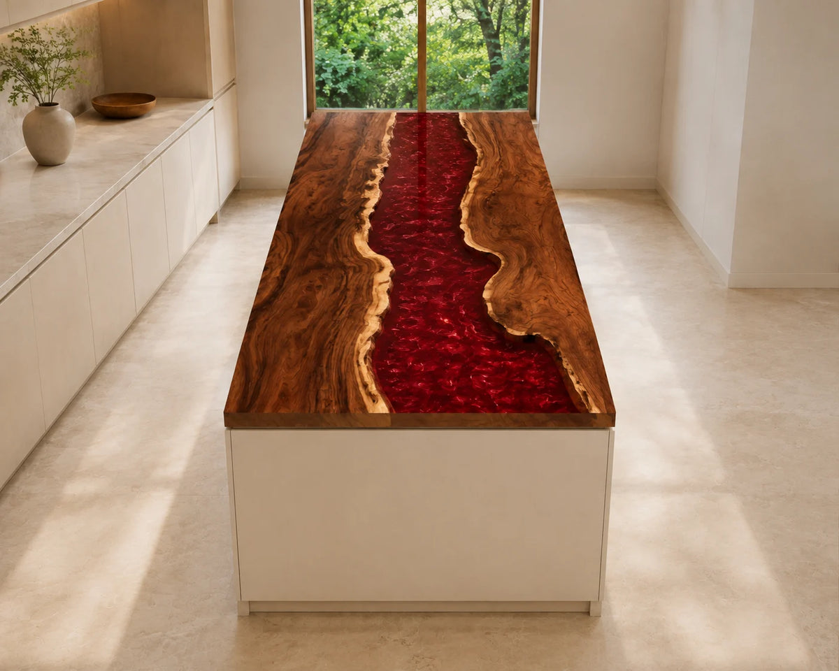EKCC24 Crimson Channel Ruby Red Epoxy Walnut Kitchen Countertop featuring handcrafted walnut wood and ruby red resin-6