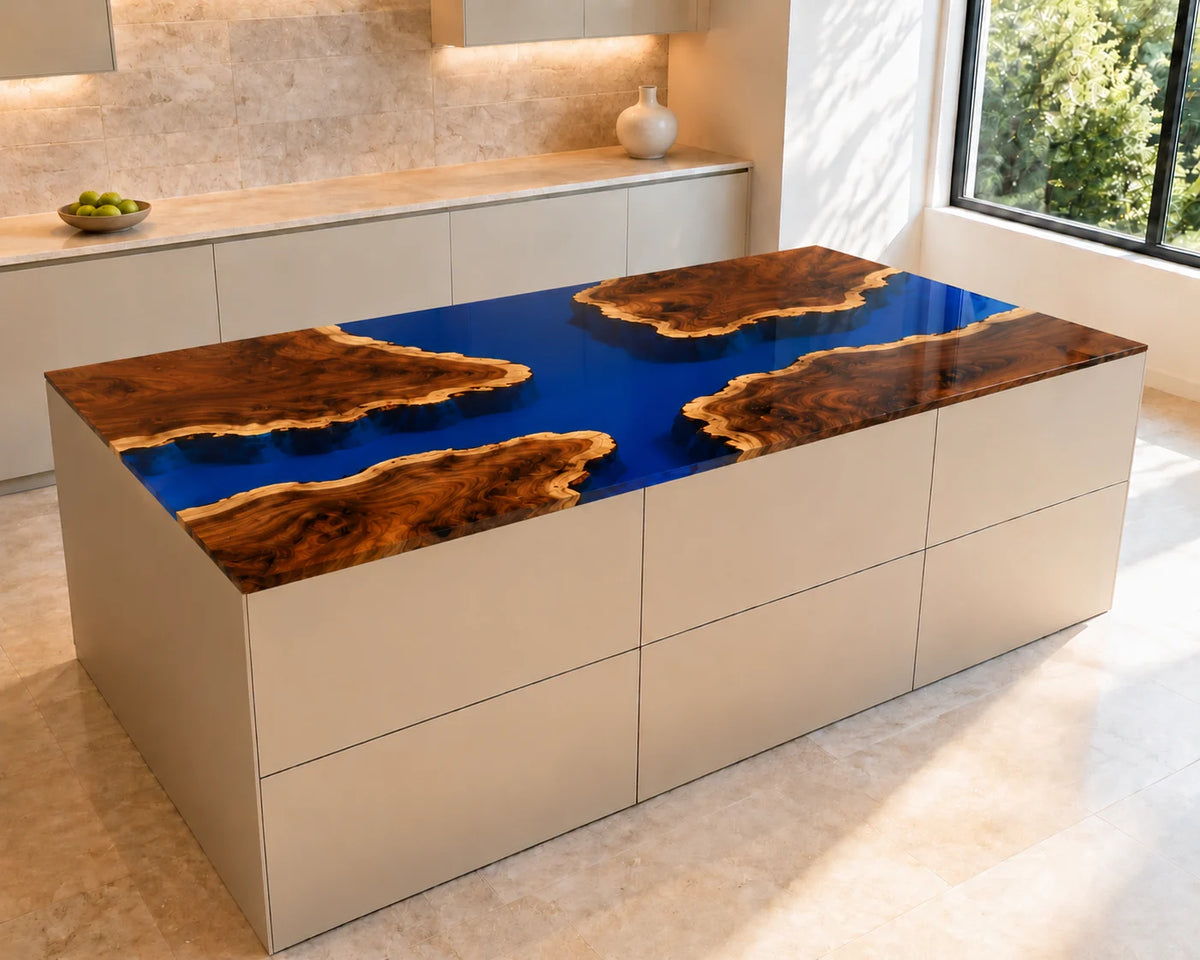 EKCC27 Sapphire Crossing Sapphire Blue Epoxy Walnut Kitchen Countertop featuring handcrafted walnut wood and sapphire blue resin-2