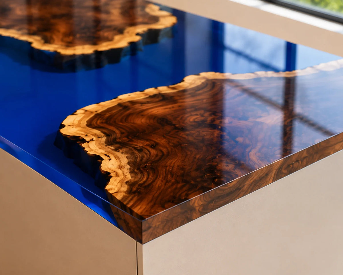 EKCC27 Sapphire Crossing Sapphire Blue Epoxy Walnut Kitchen Countertop featuring handcrafted walnut wood and sapphire blue resin-4