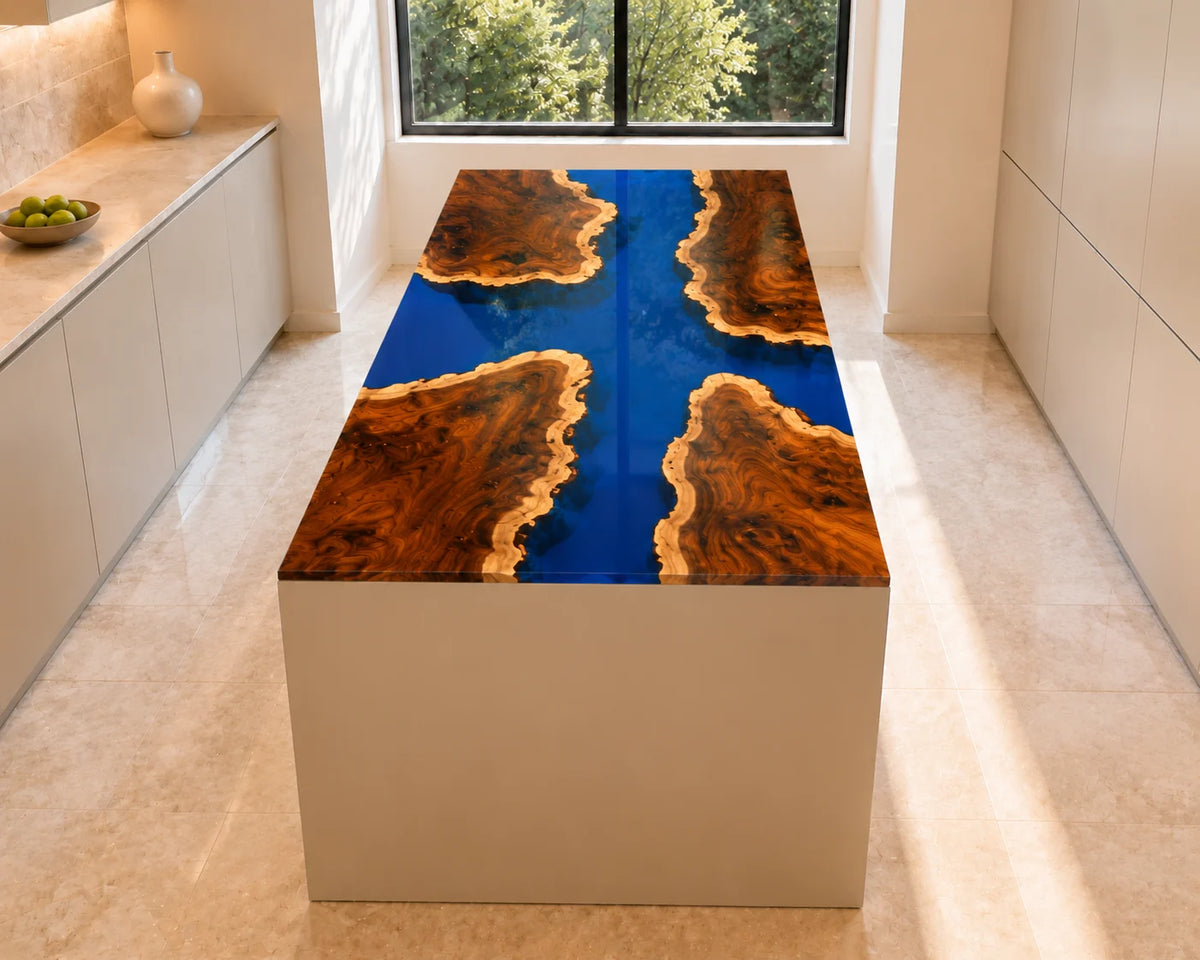 EKCC27 Sapphire Crossing Sapphire Blue Epoxy Walnut Kitchen Countertop featuring handcrafted walnut wood and sapphire blue resin-5