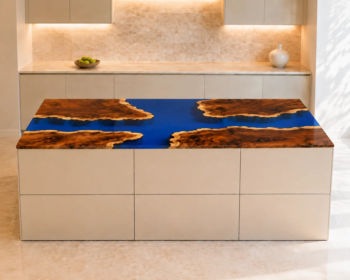 EKCC27 Sapphire Crossing Sapphire Blue Epoxy Walnut Kitchen Countertop featuring handcrafted walnut wood and sapphire blue resin-6