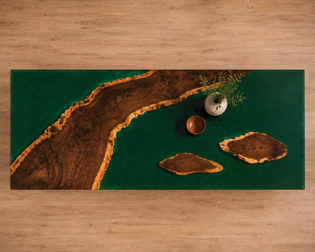 EKCC29 Emerald Coast Emerald Green Epoxy Walnut Kitchen Countertop featuring handcrafted walnut wood and emerald green resin-1