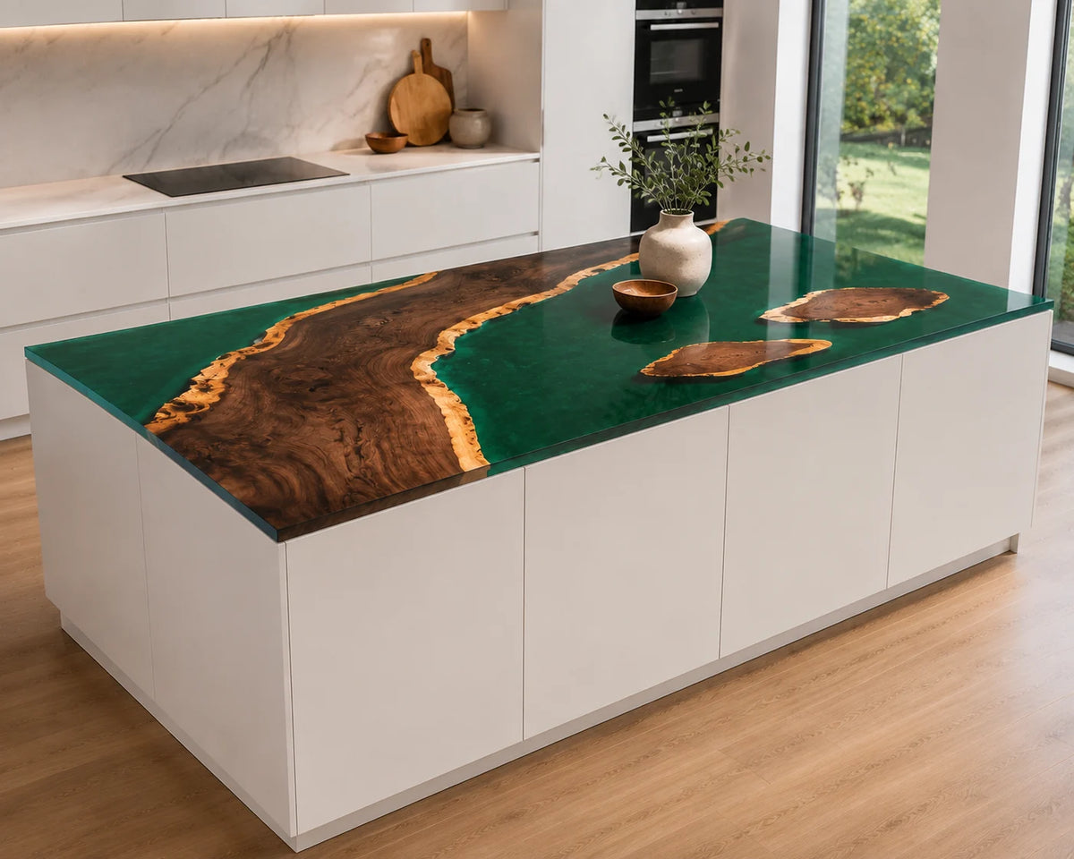 EKCC29 Emerald Coast Emerald Green Epoxy Walnut Kitchen Countertop featuring handcrafted walnut wood and emerald green resin-2