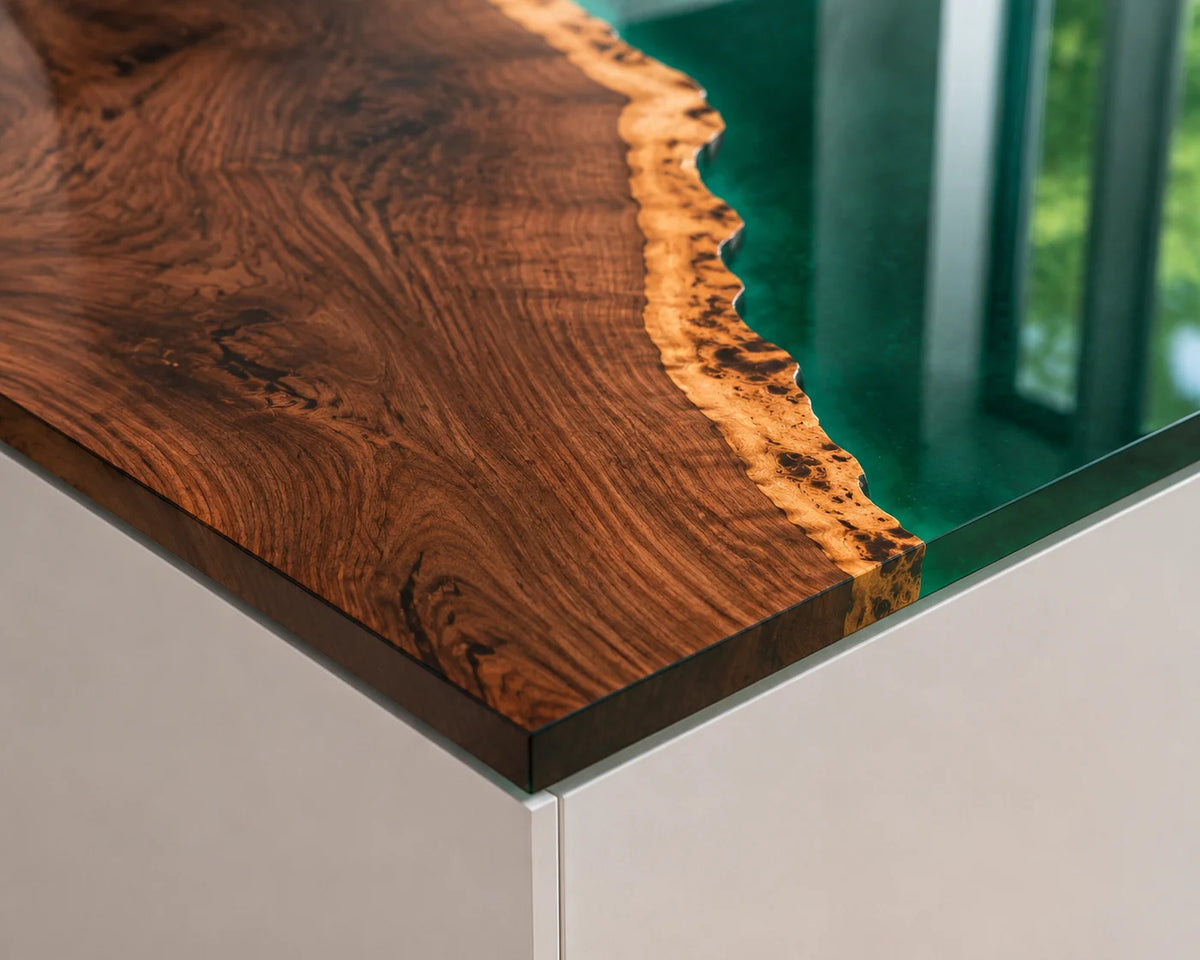 EKCC29 Emerald Coast Emerald Green Epoxy Walnut Kitchen Countertop featuring handcrafted walnut wood and emerald green resin-3