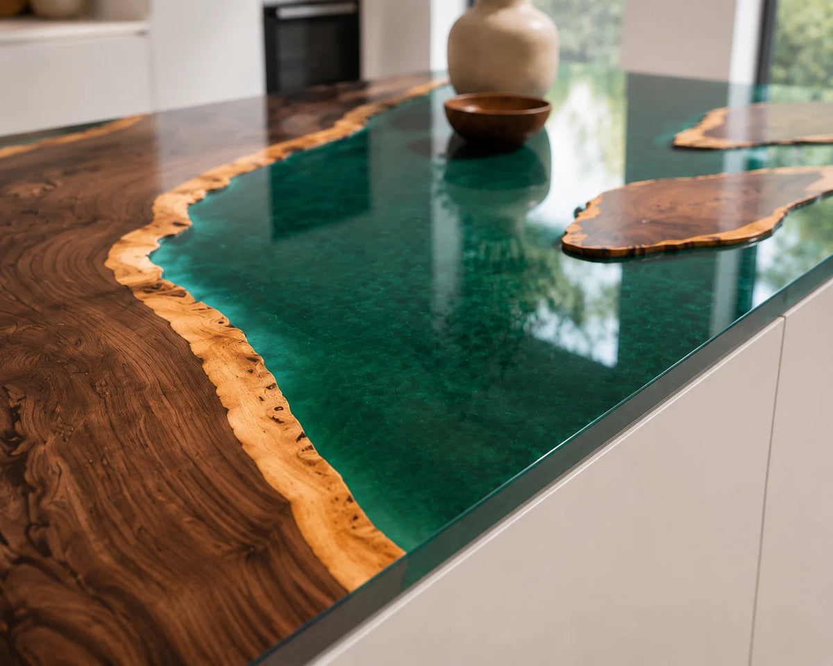 EKCC29 Emerald Coast Emerald Green Epoxy Walnut Kitchen Countertop featuring handcrafted walnut wood and emerald green resin-4
