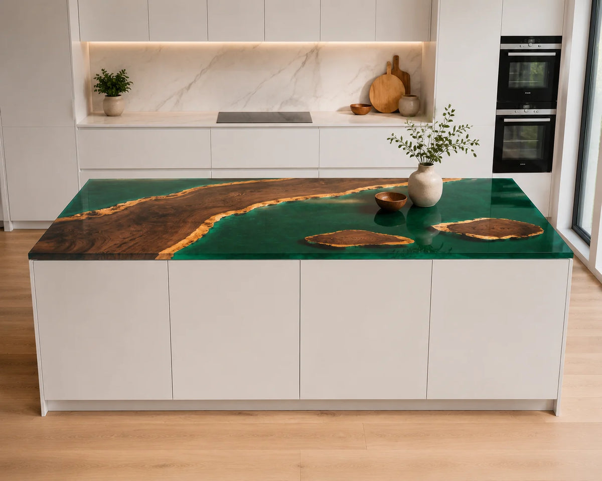 EKCC29 Emerald Coast Emerald Green Epoxy Walnut Kitchen Countertop featuring handcrafted walnut wood and emerald green resin-5