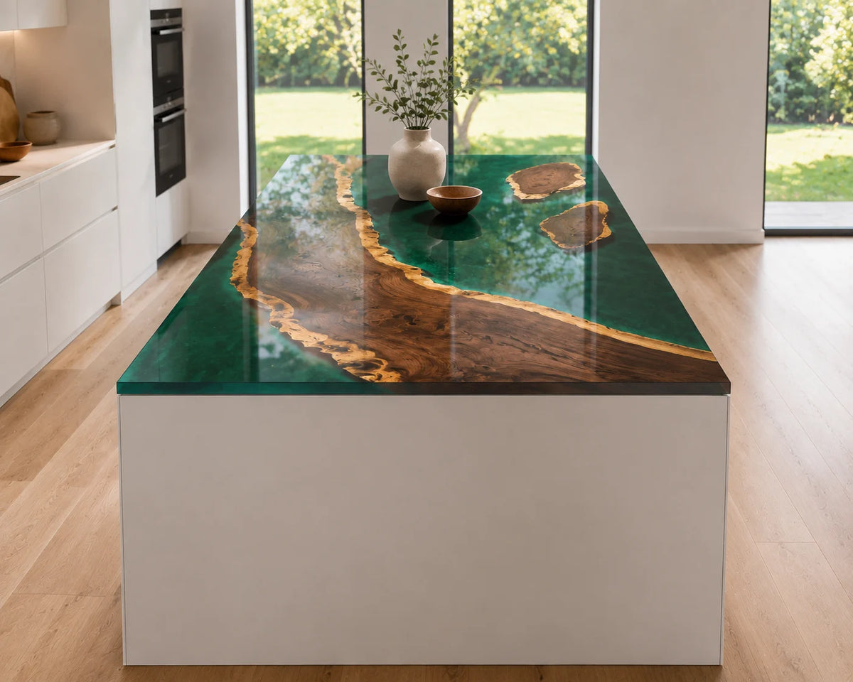 EKCC29 Emerald Coast Emerald Green Epoxy Walnut Kitchen Countertop featuring handcrafted walnut wood and emerald green resin-6