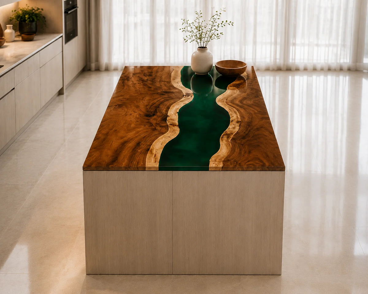 EKCC30 Forest Strait Forest Green Epoxy Walnut Kitchen Countertop featuring handcrafted walnut wood and forest green resin