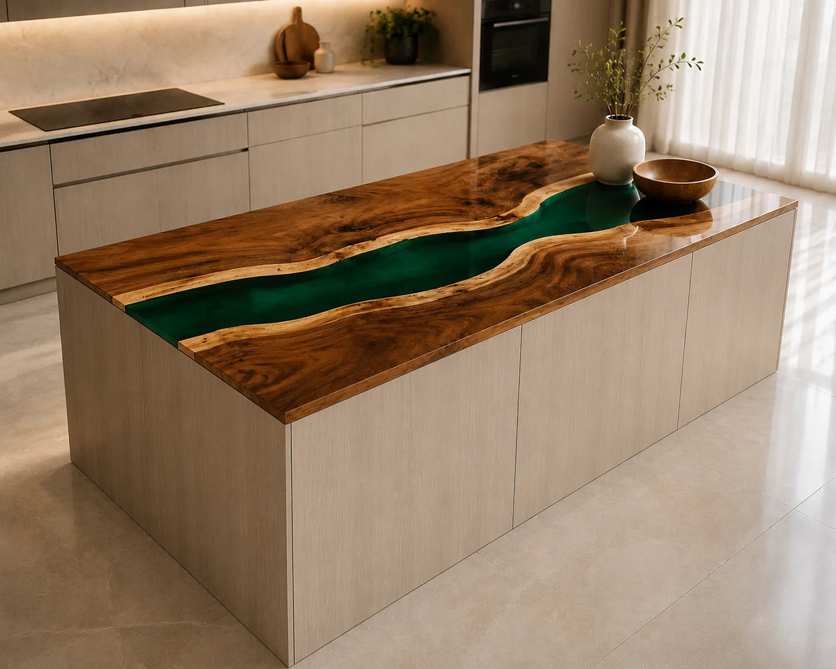 EKCC30 Forest Strait Forest Green Epoxy Walnut Kitchen Countertop featuring handcrafted walnut wood and forest green resin-2