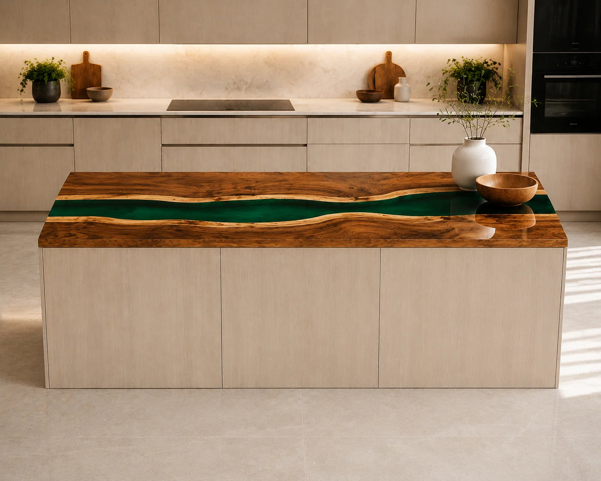 EKCC30 Forest Strait Forest Green Epoxy Walnut Kitchen Countertop featuring handcrafted walnut wood and forest green resin-5