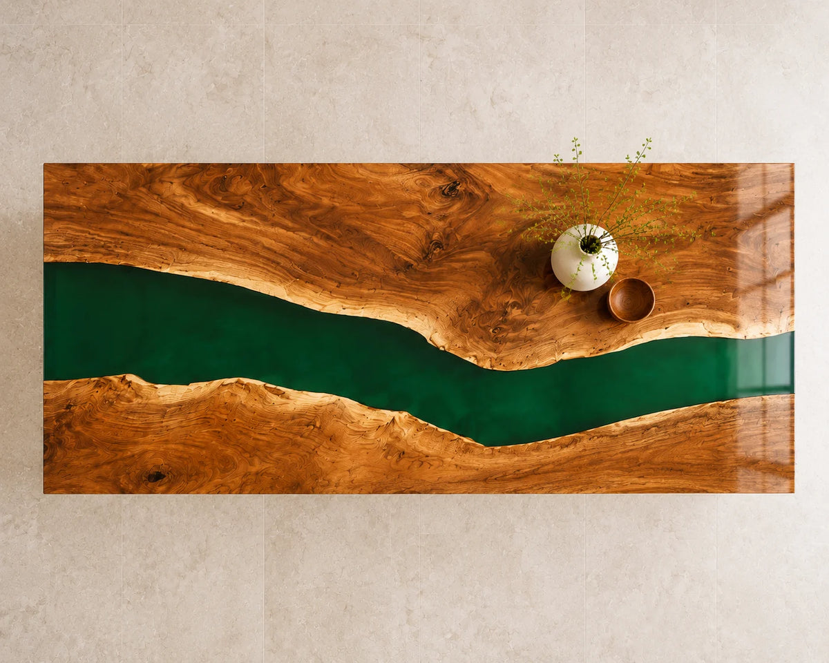 EKCC31 Green Valley Emerald Green Epoxy Walnut Kitchen Countertop featuring handcrafted walnut wood and emerald green resin