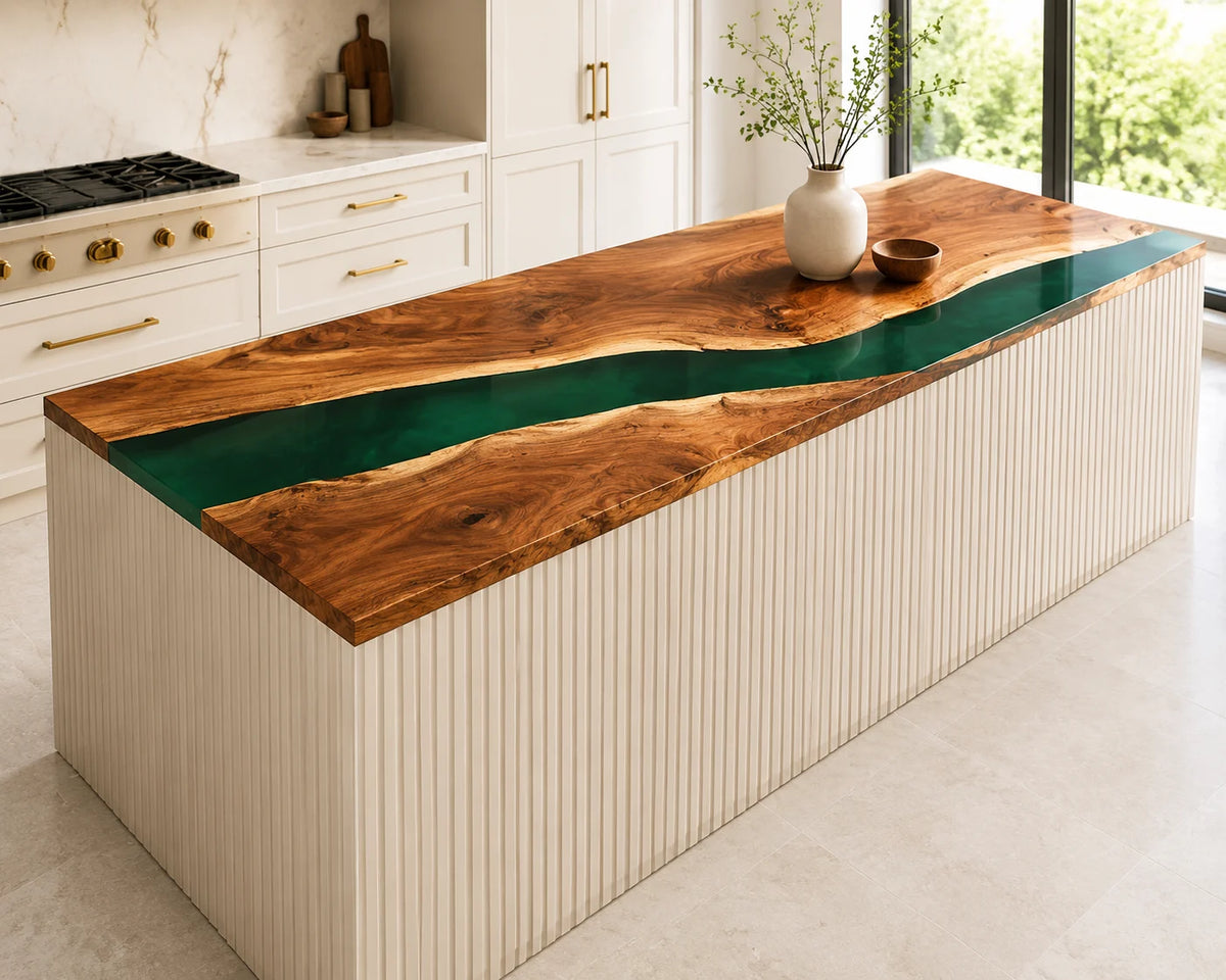EKCC31 Green Valley Emerald Green Epoxy Walnut Kitchen Countertop featuring handcrafted walnut wood and emerald green resin-2