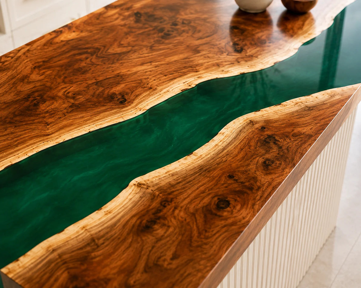 EKCC31 Green Valley Emerald Green Epoxy Walnut Kitchen Countertop featuring handcrafted walnut wood and emerald green resin-4
