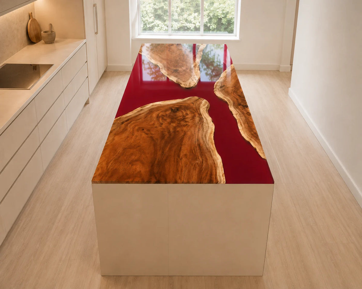 EKCC32 Ruby Estuary Ruby Red Epoxy Walnut Kitchen Countertop featuring handcrafted walnut wood and ruby red resin-1