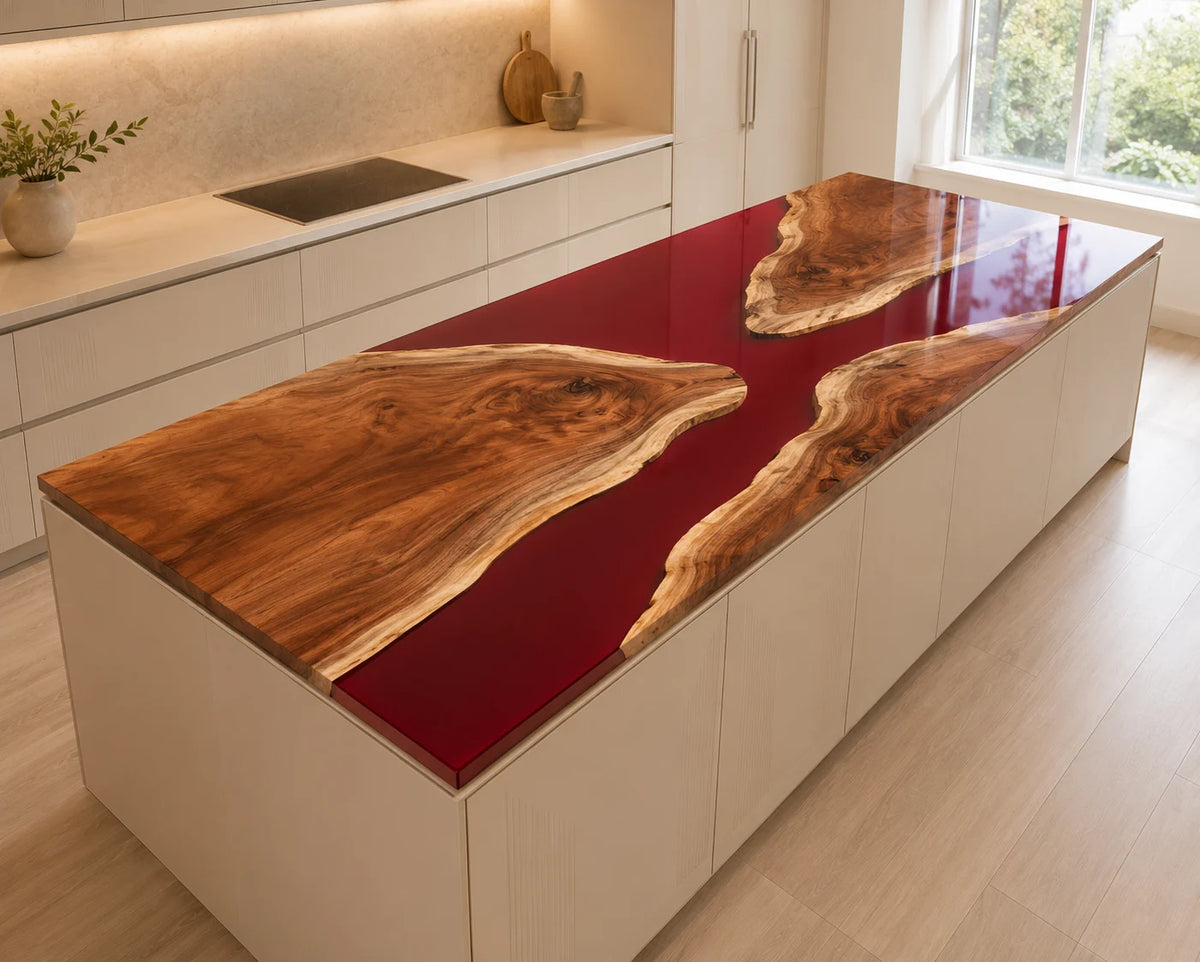 EKCC32 Ruby Estuary Ruby Red Epoxy Walnut Kitchen Countertop featuring handcrafted walnut wood and ruby red resin-2