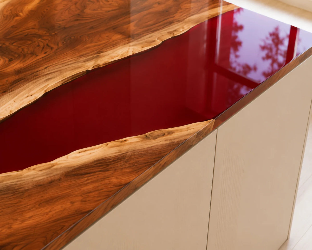 EKCC32 Ruby Estuary Ruby Red Epoxy Walnut Kitchen Countertop featuring handcrafted walnut wood and ruby red resin-3
