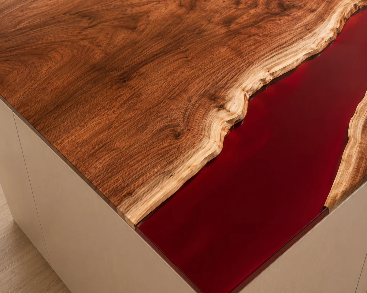 EKCC32 Ruby Estuary Ruby Red Epoxy Walnut Kitchen Countertop featuring handcrafted walnut wood and ruby red resin-4