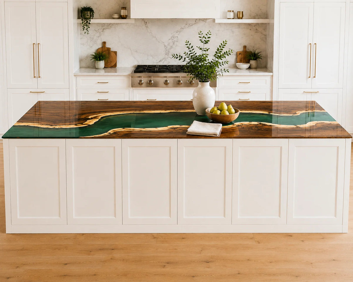 EKCC33 Emerald Delta Emerald Green Epoxy Walnut Kitchen Countertop featuring handcrafted walnut wood and emerald green resin-1