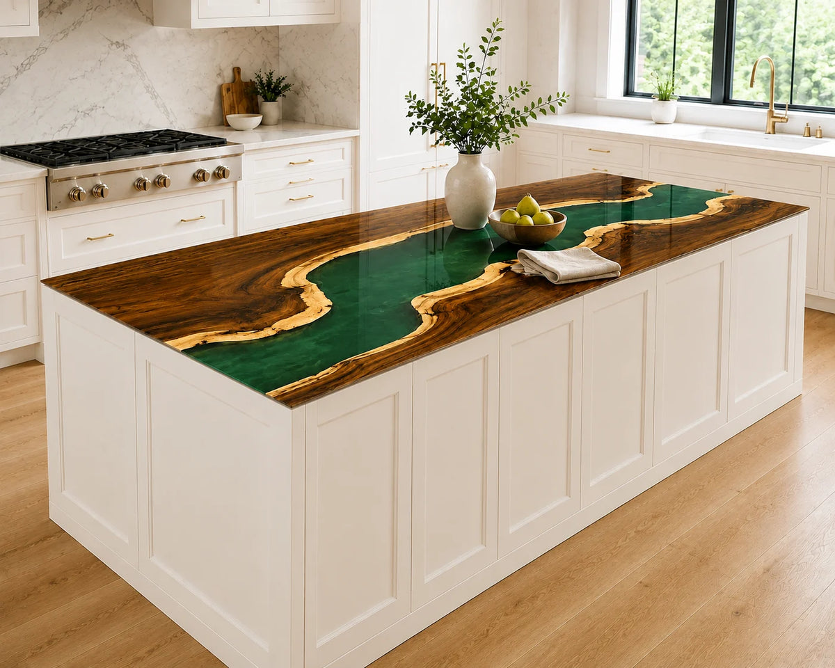 EKCC33 Emerald Delta Emerald Green Epoxy Walnut Kitchen Countertop featuring handcrafted walnut wood and emerald green resin-2
