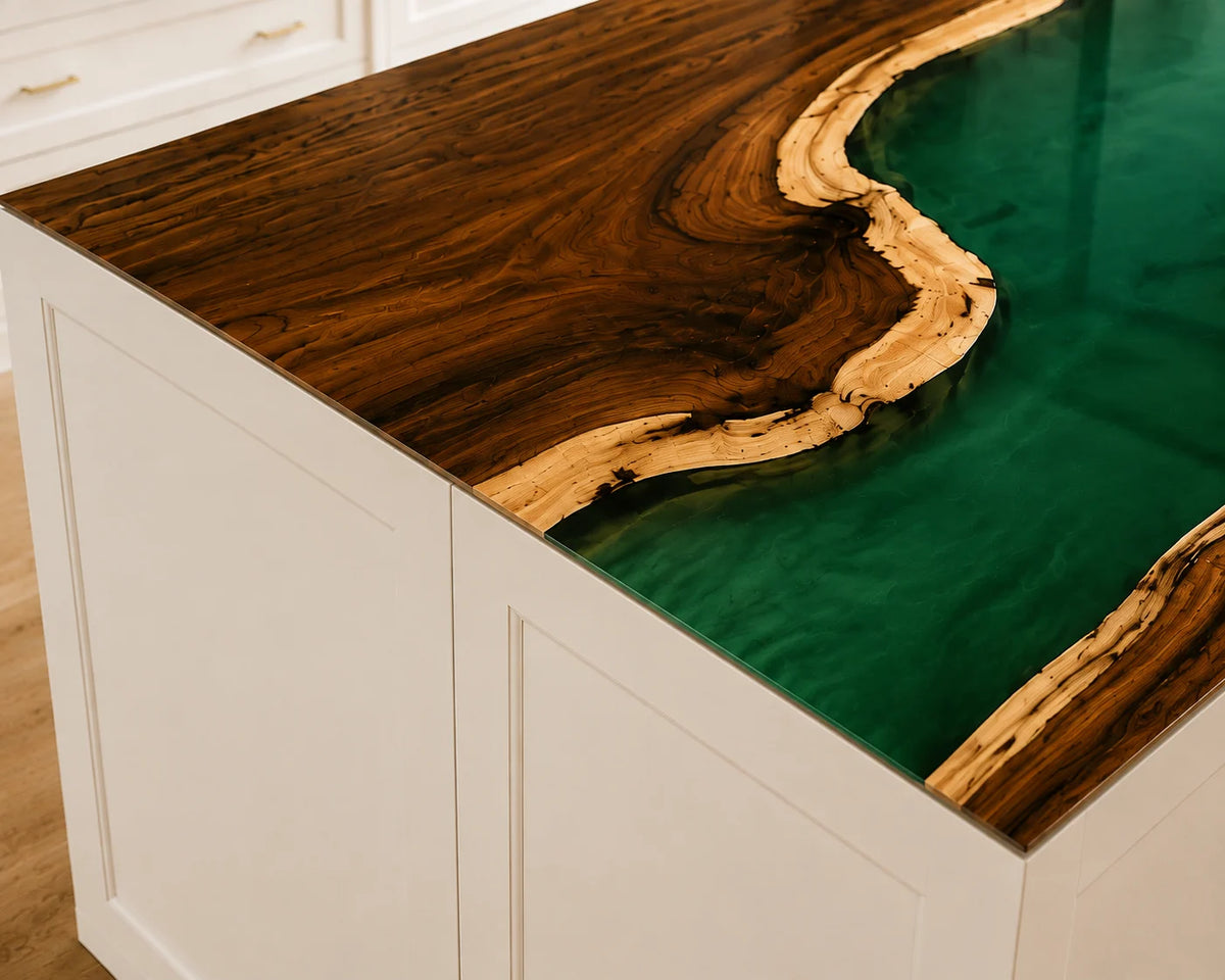 EKCC33 Emerald Delta Emerald Green Epoxy Walnut Kitchen Countertop featuring handcrafted walnut wood and emerald green resin-3