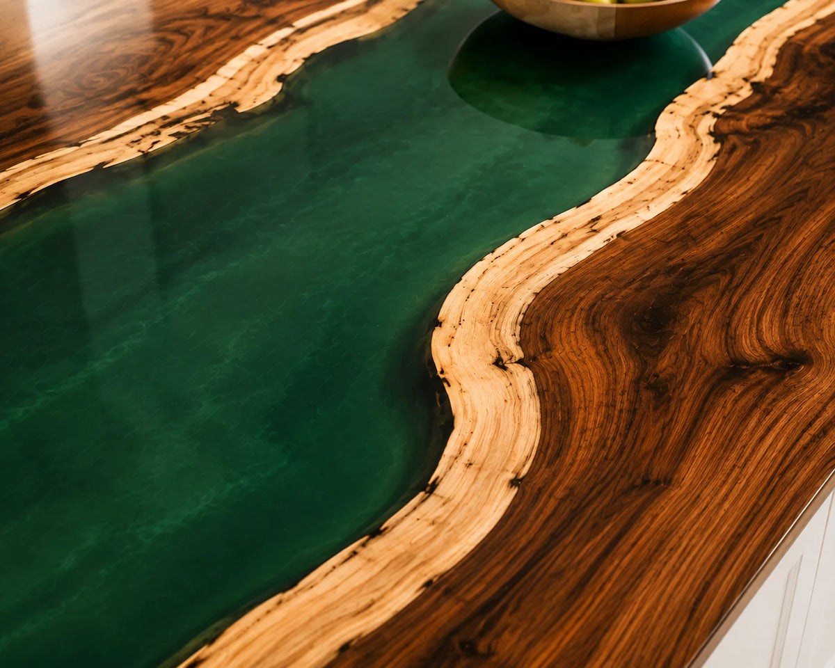 EKCC33 Emerald Delta Emerald Green Epoxy Walnut Kitchen Countertop featuring handcrafted walnut wood and emerald green resin-4