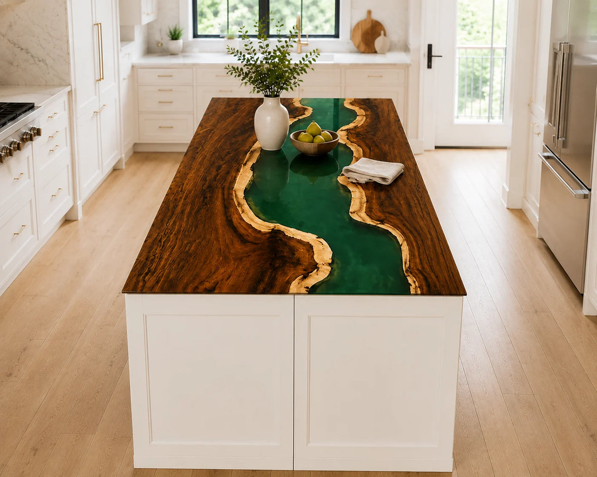 EKCC33 Emerald Delta Emerald Green Epoxy Walnut Kitchen Countertop featuring handcrafted walnut wood and emerald green resin-5