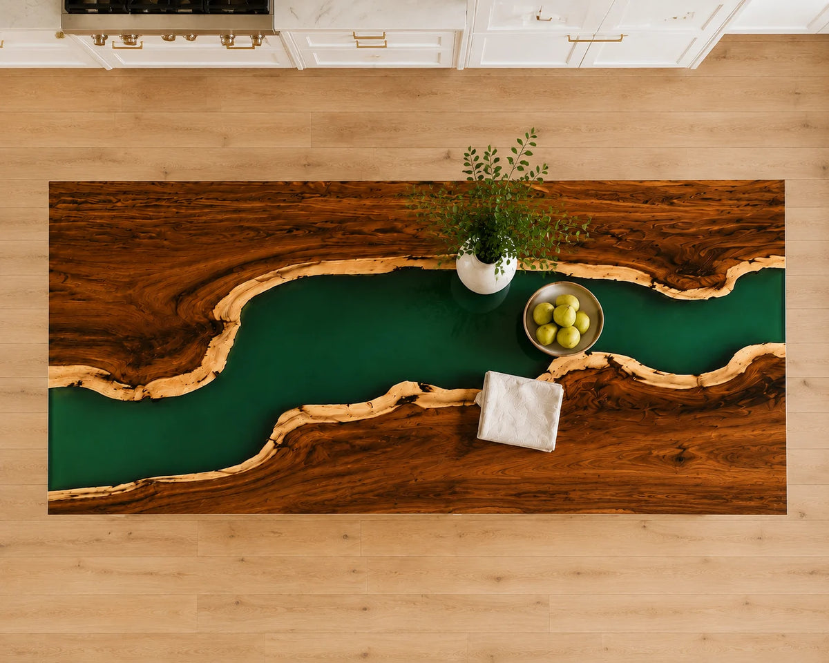 EKCC33 Emerald Delta Emerald Green Epoxy Walnut Kitchen Countertop featuring handcrafted walnut wood and emerald green resin-6