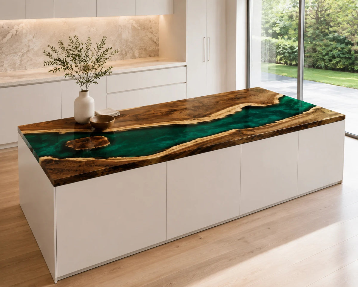 EKCC34 Verdant Lagoon Emerald Green Epoxy Walnut Kitchen Countertop featuring handcrafted walnut wood and emerald green resin-1