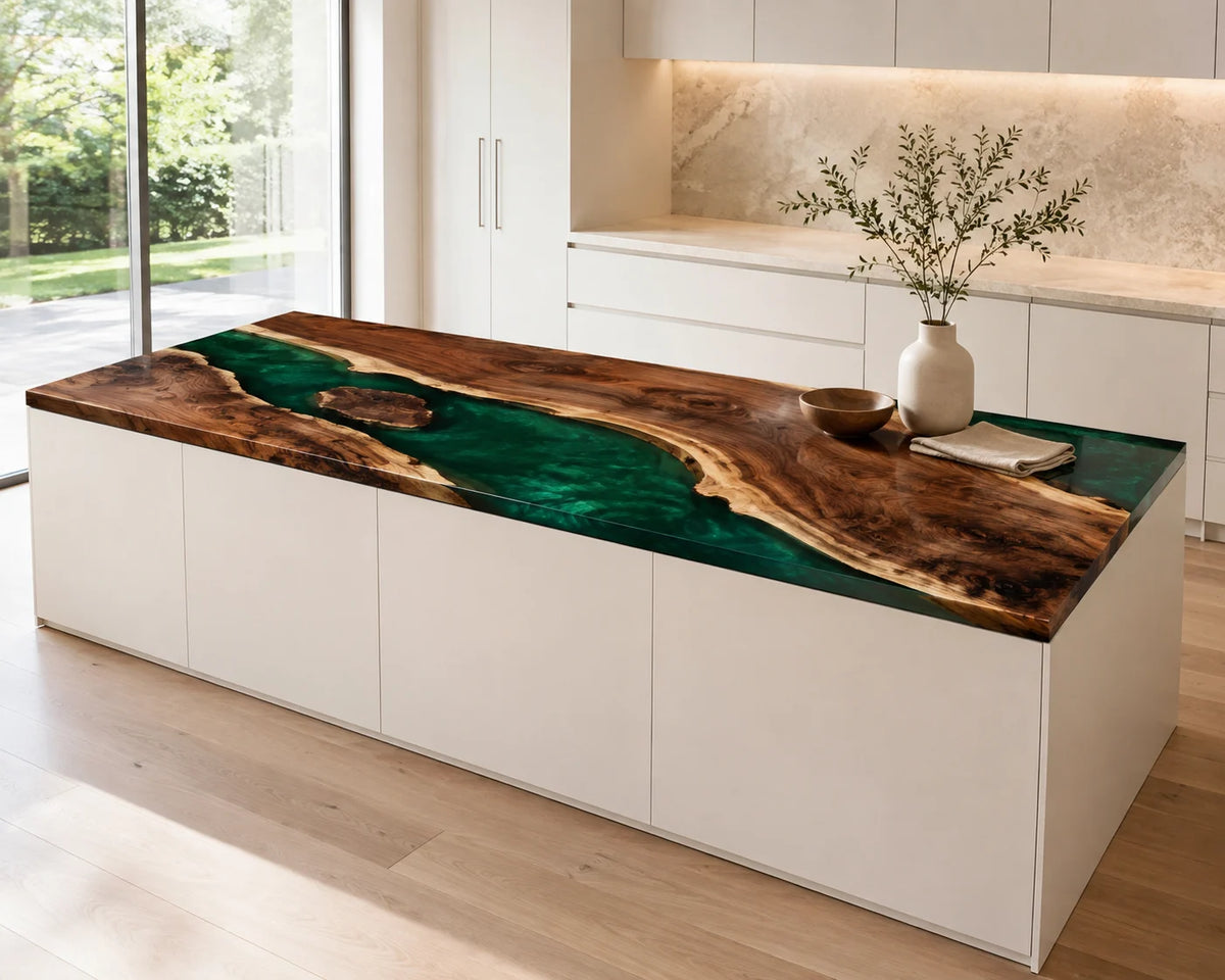 EKCC34 Verdant Lagoon Emerald Green Epoxy Walnut Kitchen Countertop featuring handcrafted walnut wood and emerald green resin-2