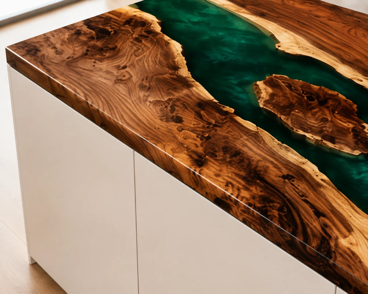 EKCC34 Verdant Lagoon Emerald Green Epoxy Walnut Kitchen Countertop featuring handcrafted walnut wood and emerald green resin-3