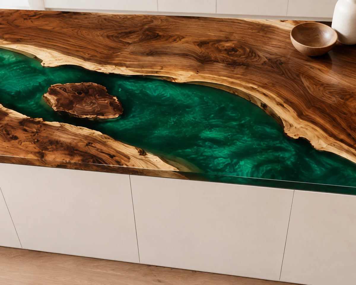 EKCC34 Verdant Lagoon Emerald Green Epoxy Walnut Kitchen Countertop featuring handcrafted walnut wood and emerald green resin-4