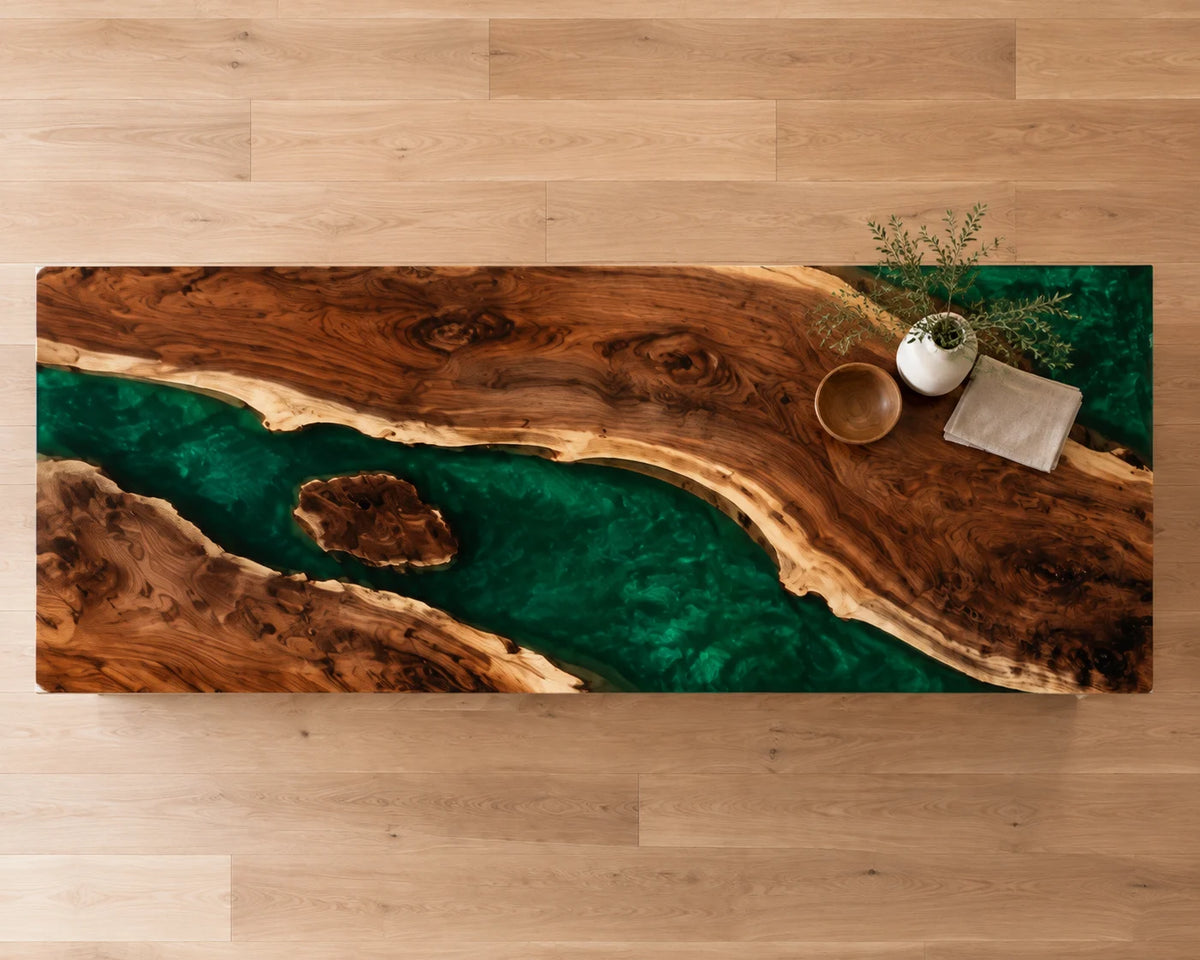 EKCC34 Verdant Lagoon Emerald Green Epoxy Walnut Kitchen Countertop featuring handcrafted walnut wood and emerald green resin-5