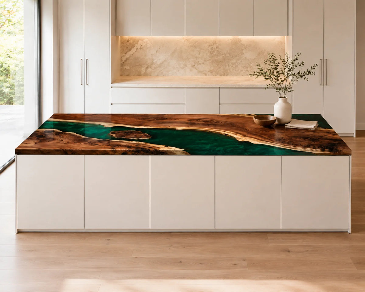 EKCC34 Verdant Lagoon Emerald Green Epoxy Walnut Kitchen Countertop featuring handcrafted walnut wood and emerald green resin-6