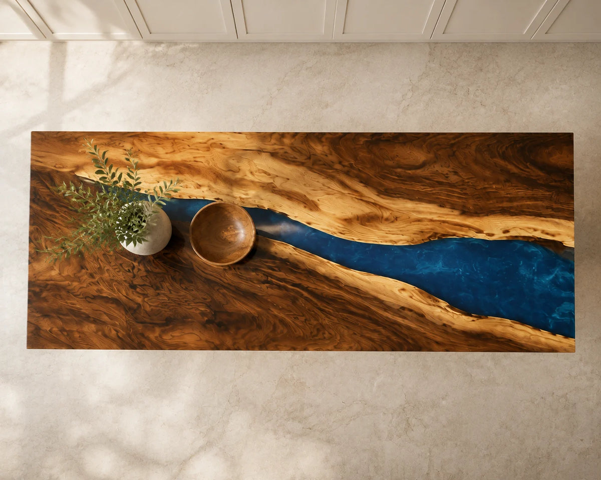 EKCC35 Ocean Ravine Ocean Blue Epoxy Walnut Kitchen Countertop featuring handcrafted walnut wood and ocean blue resin-1