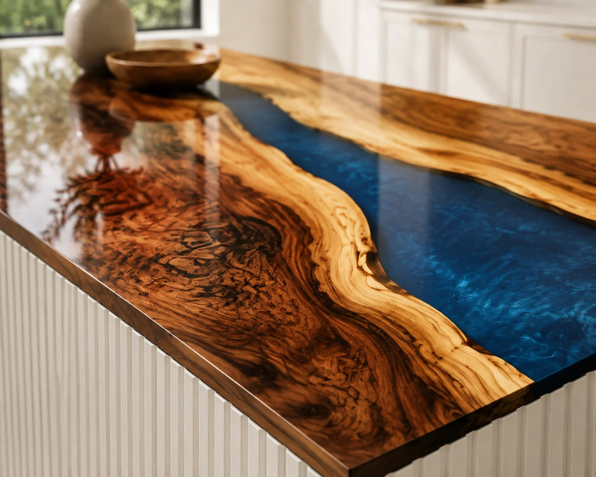 EKCC35 Ocean Ravine Ocean Blue Epoxy Walnut Kitchen Countertop featuring handcrafted walnut wood and ocean blue resin-3