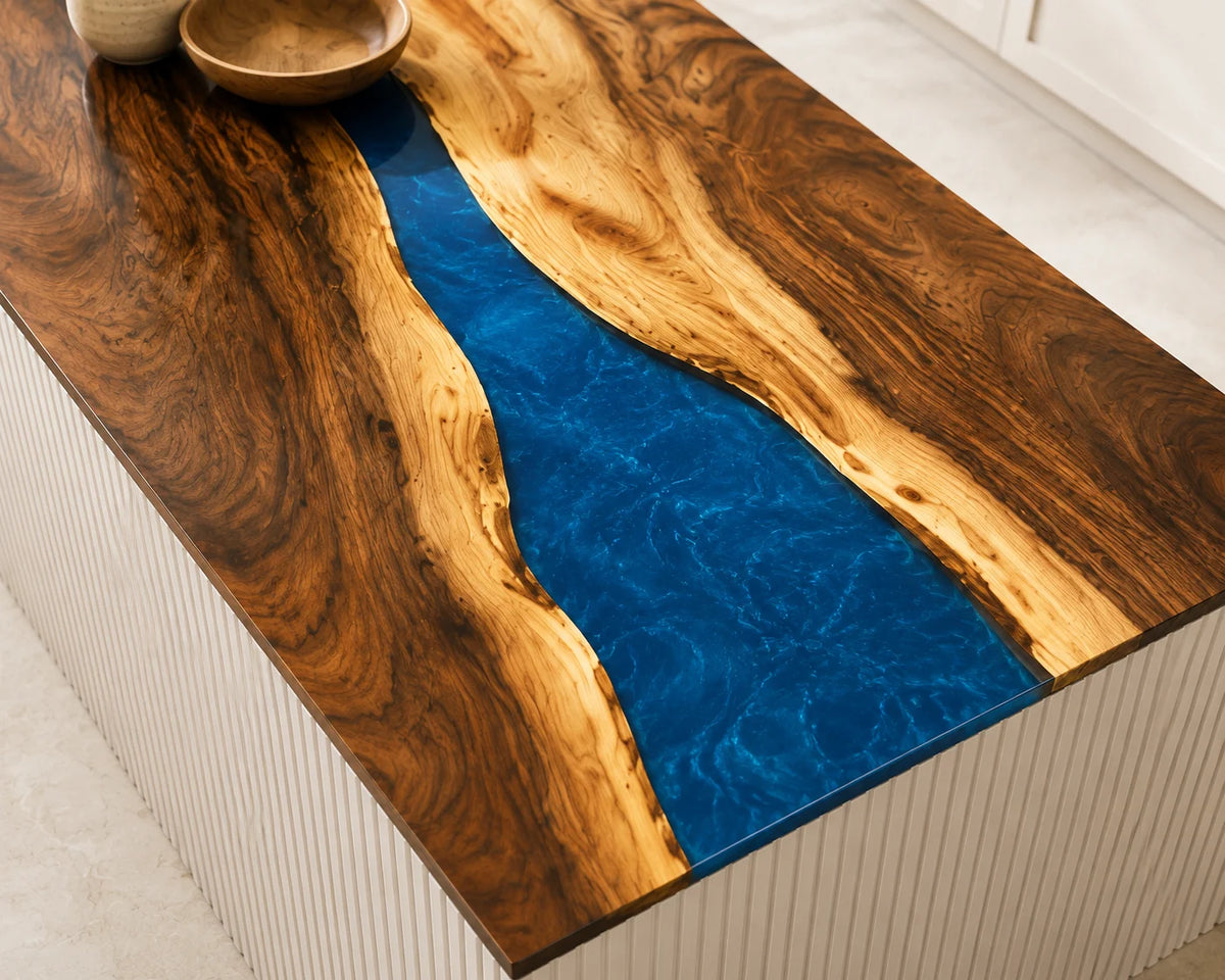EKCC35 Ocean Ravine Ocean Blue Epoxy Walnut Kitchen Countertop featuring handcrafted walnut wood and ocean blue resin-4