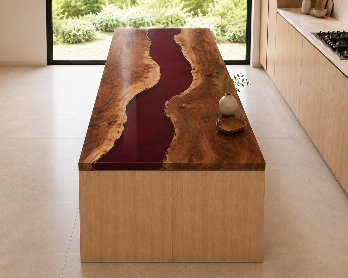 EKCC36 Crimson Sound Crimson Red Epoxy Walnut Kitchen Countertop featuring handcrafted walnut wood and crimson red resin-1