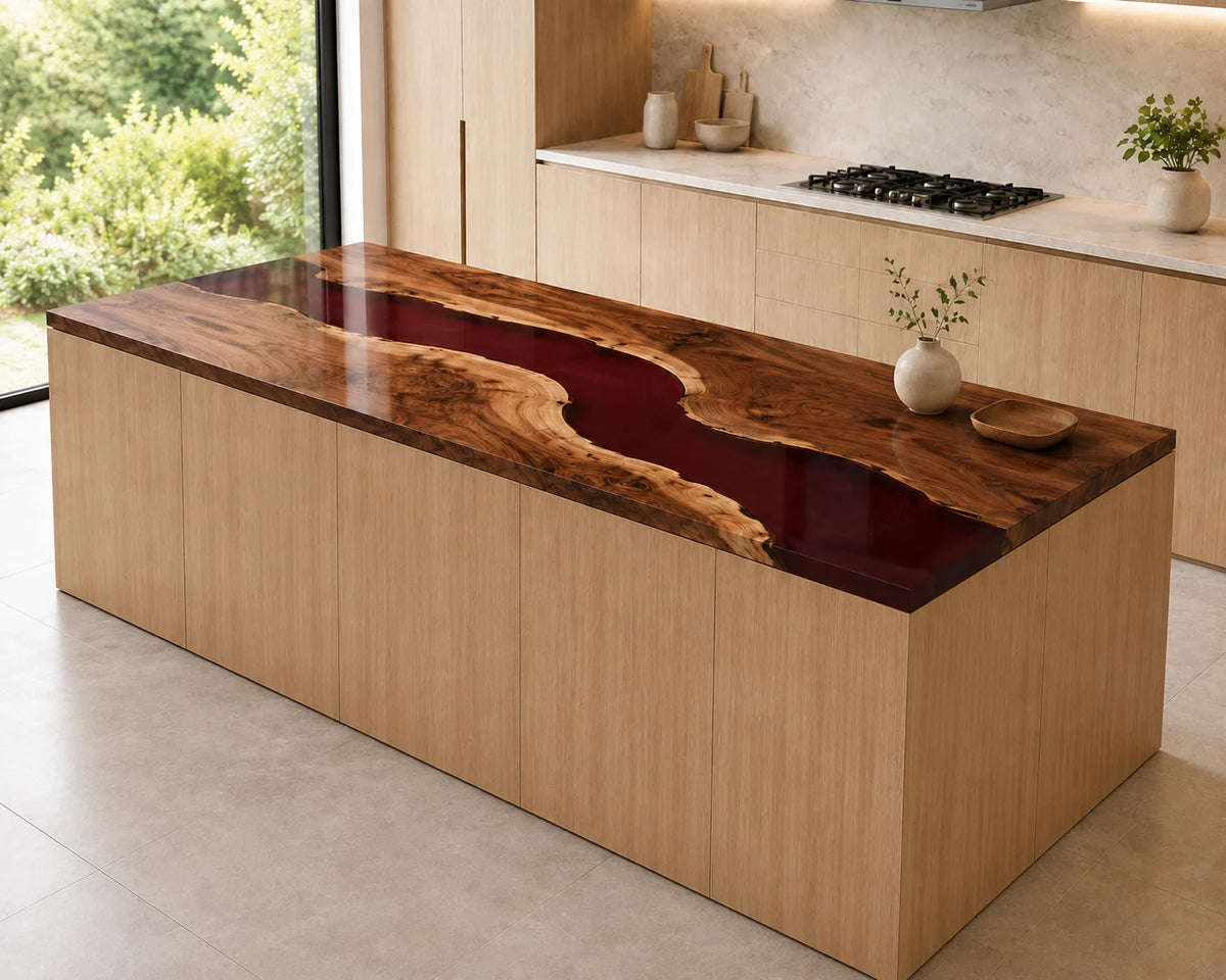 EKCC36 Crimson Sound Crimson Red Epoxy Walnut Kitchen Countertop featuring handcrafted walnut wood and crimson red resin-2
