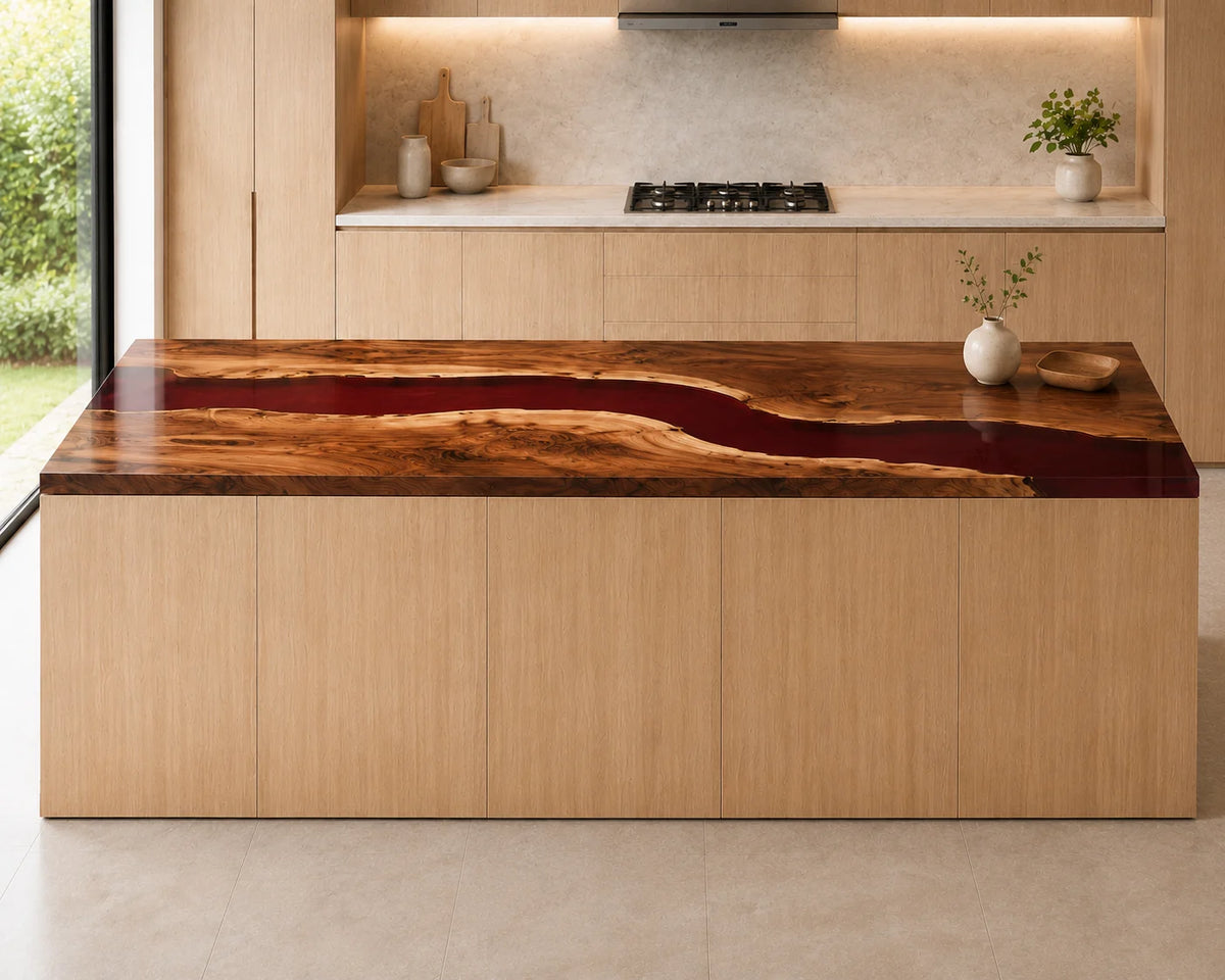 EKCC36 Crimson Sound Crimson Red Epoxy Walnut Kitchen Countertop featuring handcrafted walnut wood and crimson red resin-5