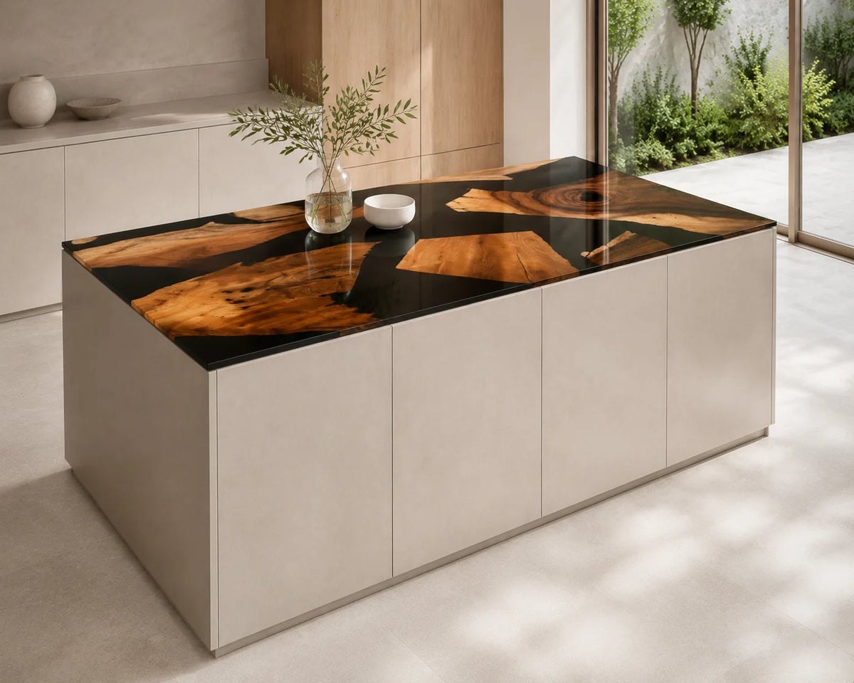EKCC37 Onyx Mosaic Jet Black Epoxy Walnut Kitchen Countertop featuring handcrafted walnut wood and jet black resin-1