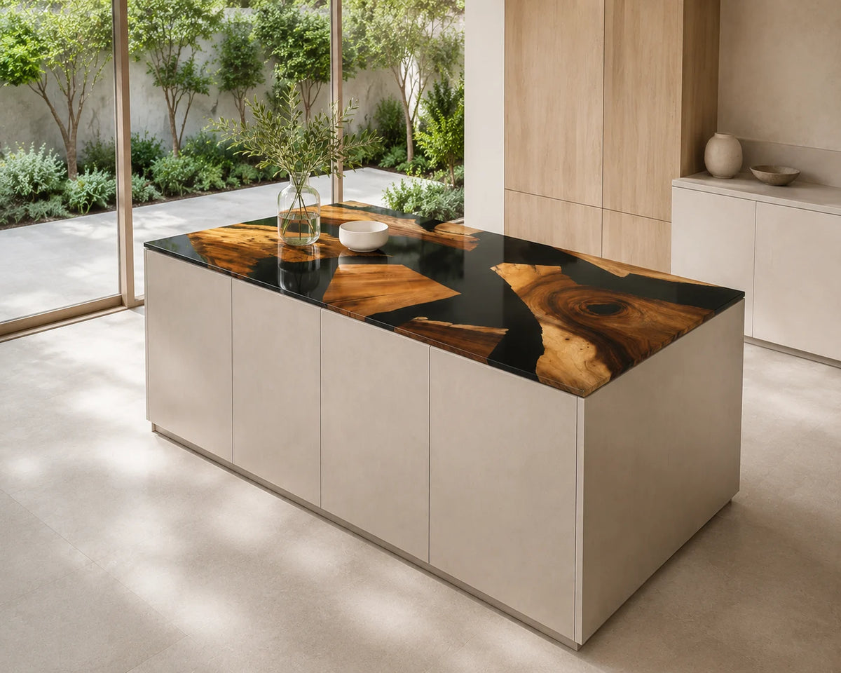 EKCC37 Onyx Mosaic Jet Black Epoxy Walnut Kitchen Countertop featuring handcrafted walnut wood and jet black resin-2