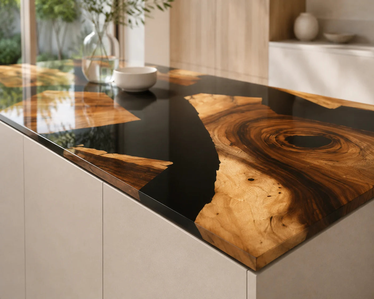 EKCC37 Onyx Mosaic Jet Black Epoxy Walnut Kitchen Countertop featuring handcrafted walnut wood and jet black resin-3