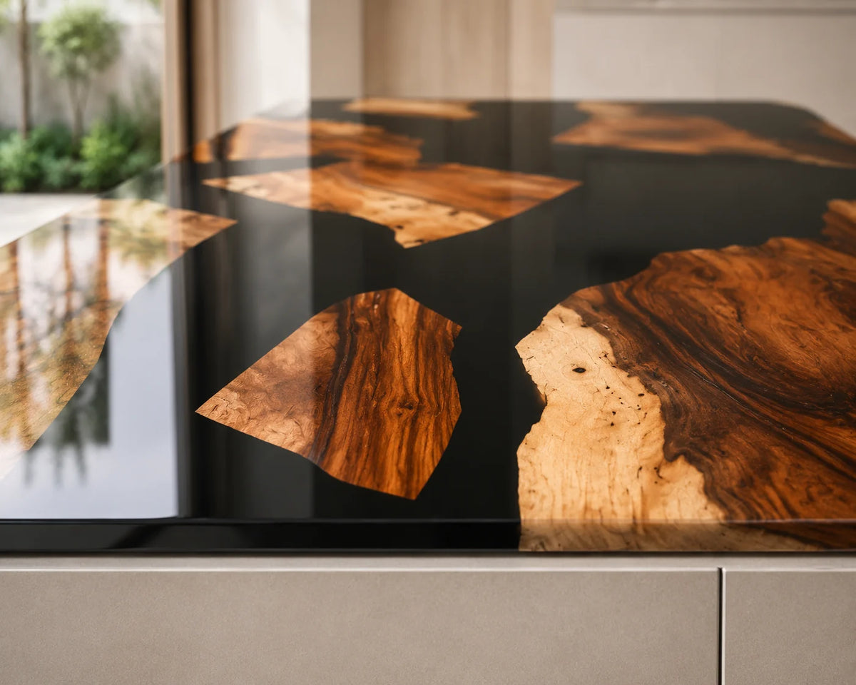 EKCC37 Onyx Mosaic Jet Black Epoxy Walnut Kitchen Countertop featuring handcrafted walnut wood and jet black resin-4