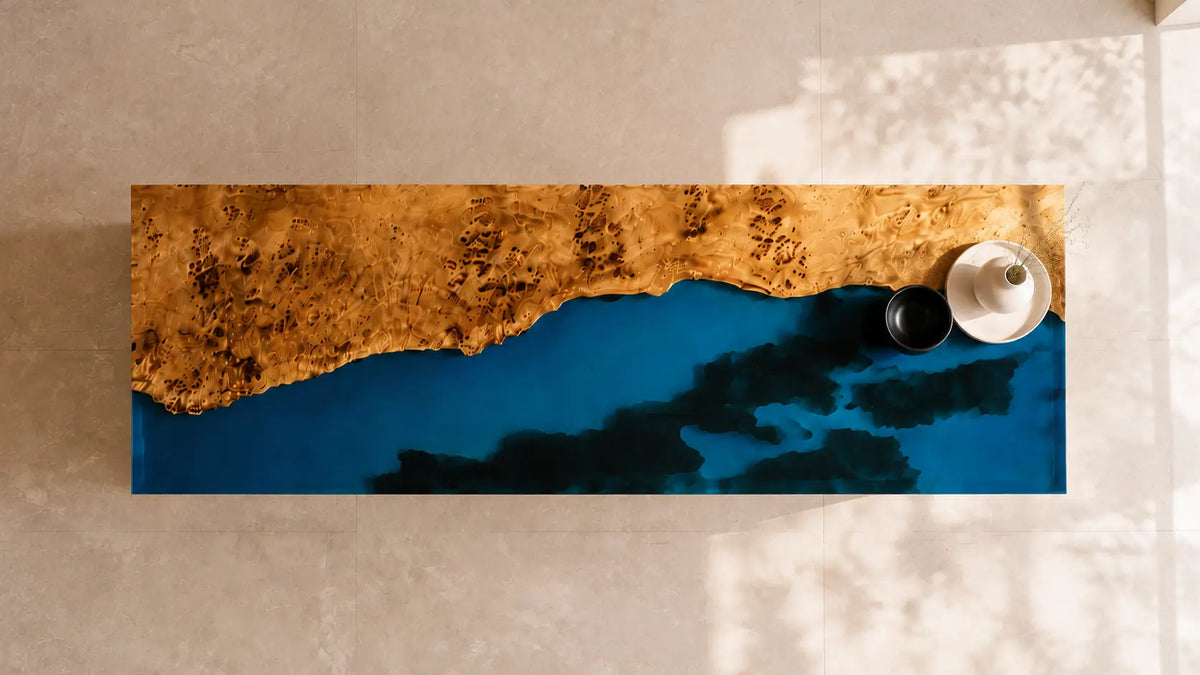 EKCC38 Blue Ember Ocean Blue with Smoky Black Epoxy Poplar Wood Kitchen Countertop featuring handcrafted poplar wood and ocean blue with smoky black resin-1