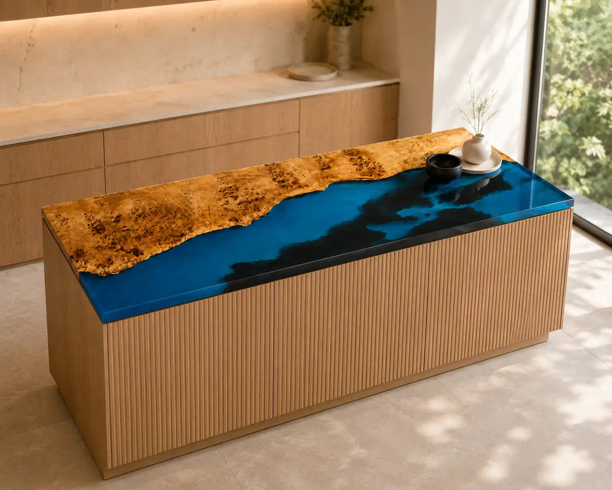 EKCC38 Blue Ember Ocean Blue with Smoky Black Epoxy Poplar Wood Kitchen Countertop featuring handcrafted poplar wood and ocean blue with smoky black resin-2
