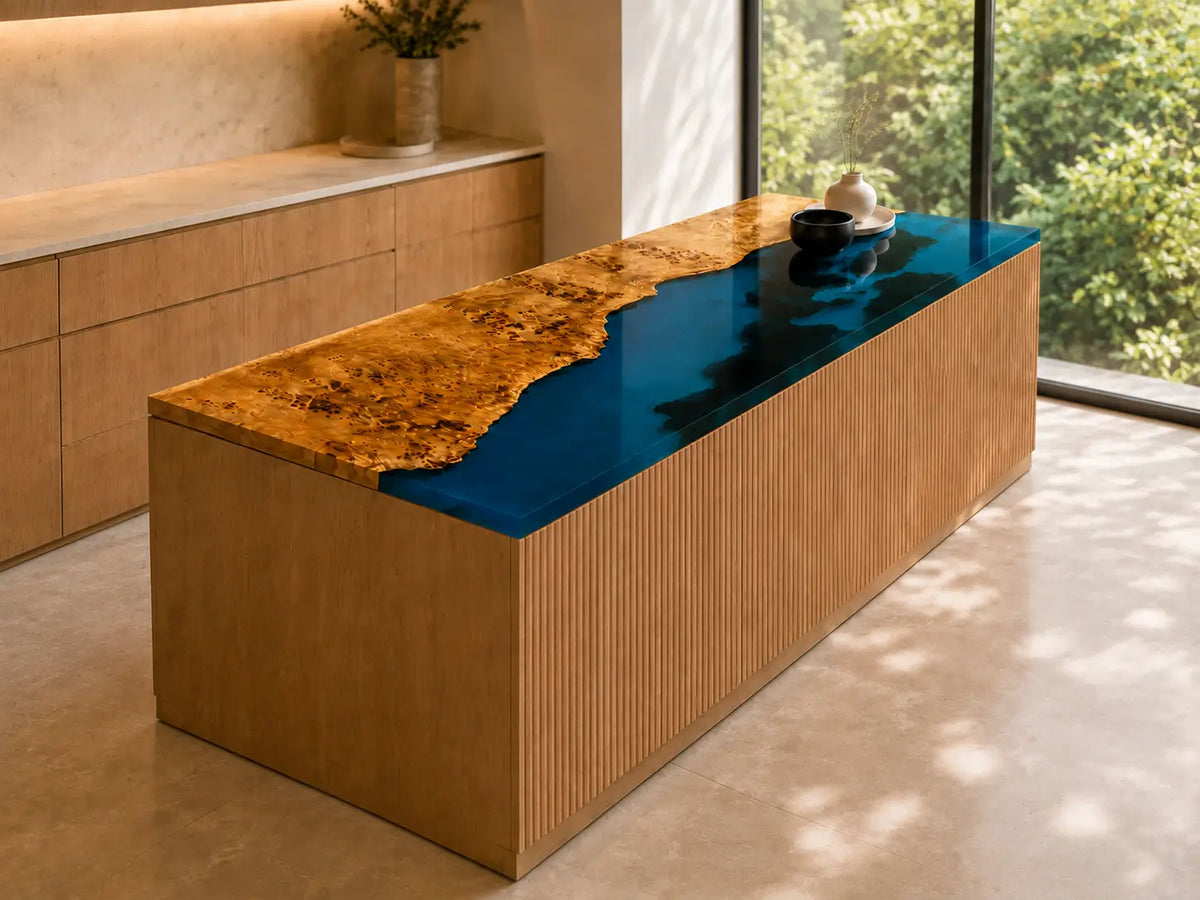 EKCC38 Blue Ember Ocean Blue with Smoky Black Epoxy Poplar Wood Kitchen Countertop featuring handcrafted poplar wood and ocean blue with smoky black resin-6
