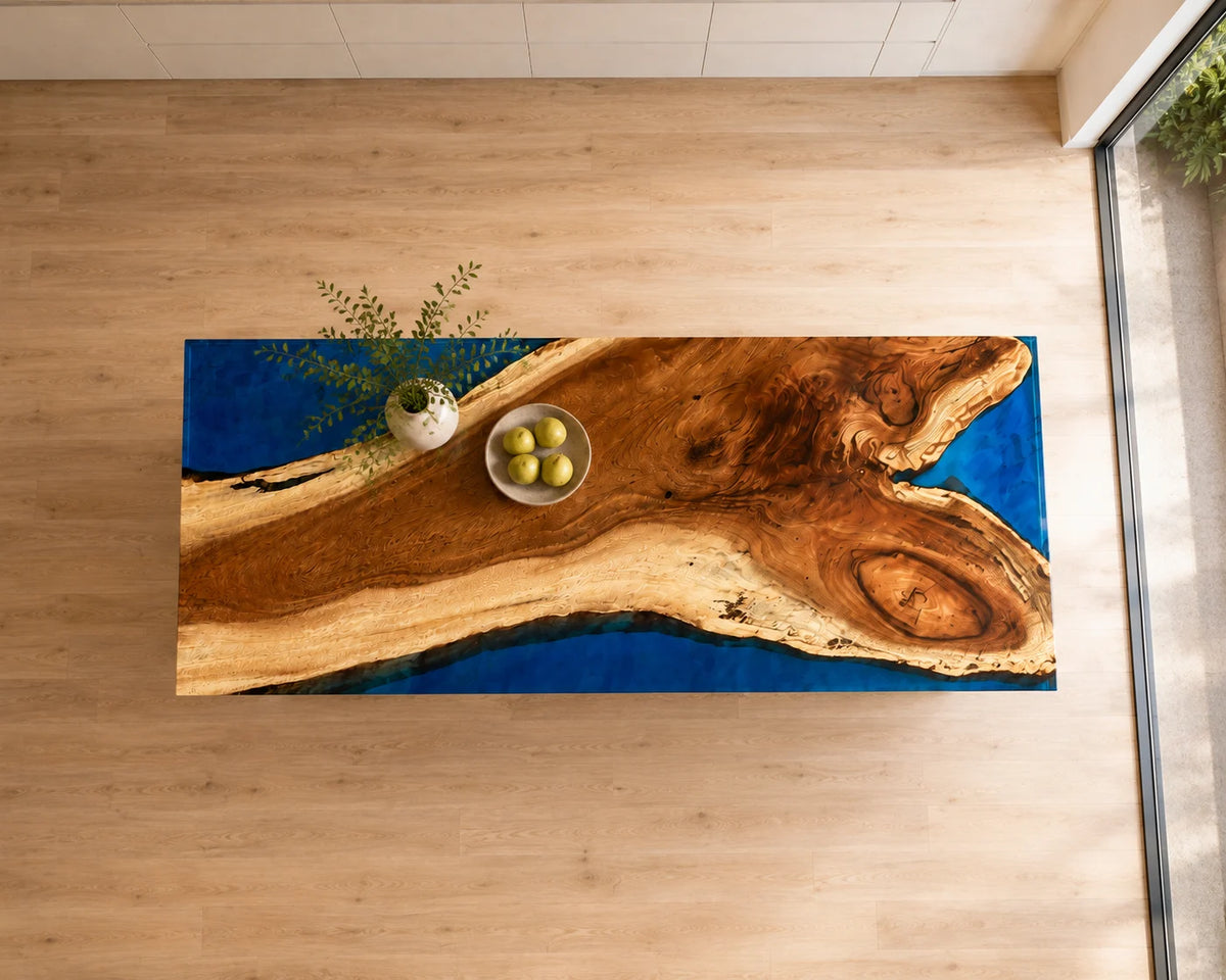 EKCC40 Sapphire Shore Sapphire Blue Epoxy Walnut Kitchen Countertop featuring handcrafted walnut wood and sapphire blue resin-1